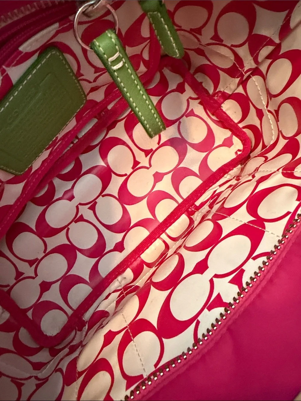 Coach Vintage Leatherware 2005 Pink and Blue Nylon Tote with Green Trim Retail